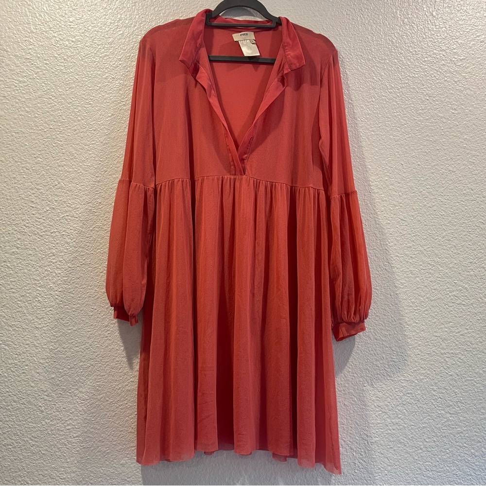 FUZZI Coral Pink Mesh Long Full Bell Sleeve V-neck Mini Dress
